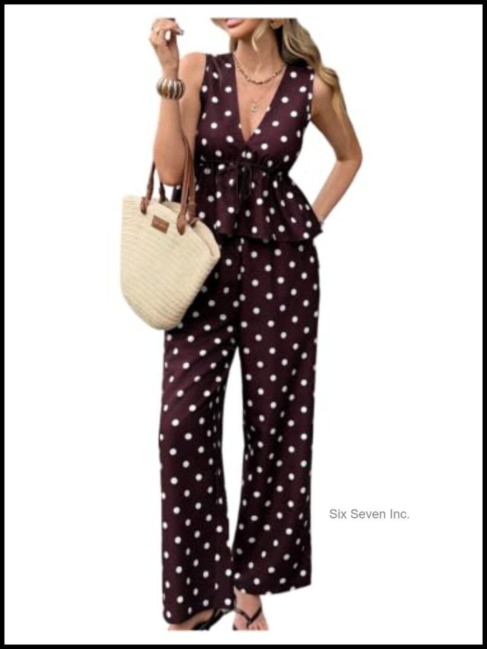 2 Piece Polka Dot Peplum Tank Top Wide Leg Pants Set